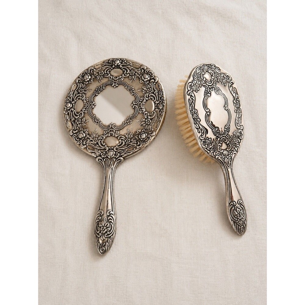 Ornate Silver Tone Vanity Set Hand Mirror Hair Brush Victorian Rococo Floral
